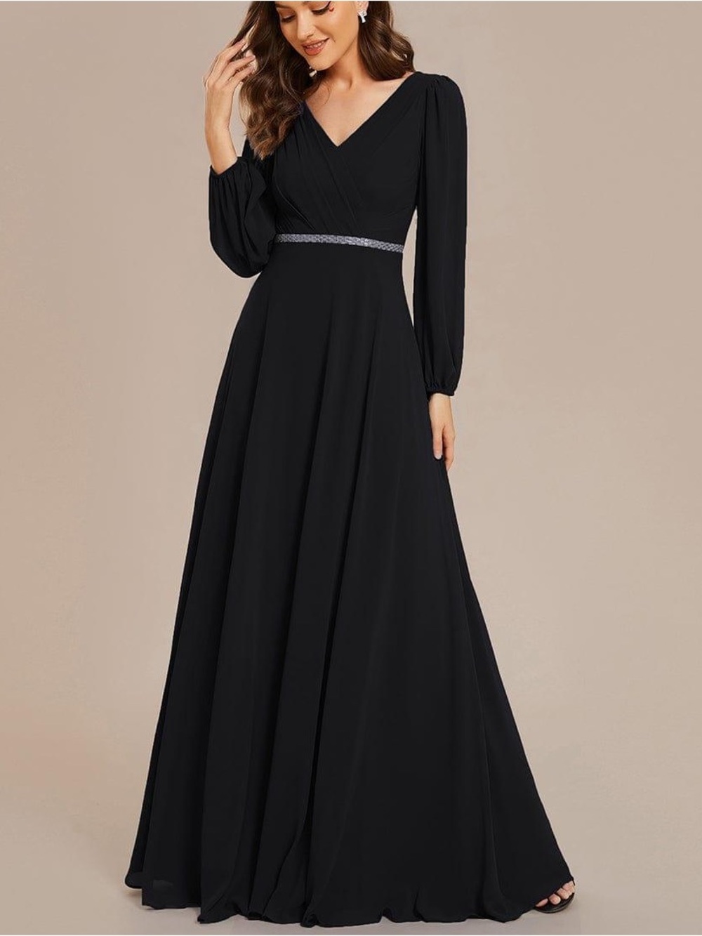 Ever Pretty Black V-Neck Long Sleeve A-Line Chiffon Crystal Gown 6